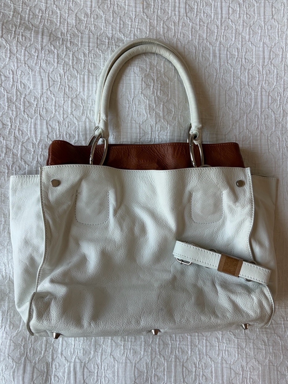 White and Brown Leather Tote Bag - Classic Women's Handbag